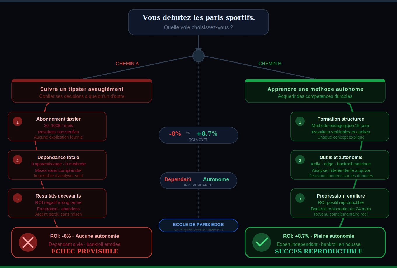 Deux chemins divergents illustrant la différence entre suivre un tipster aveuglément et apprendre une méthode de paris sportifs autonome et rentable