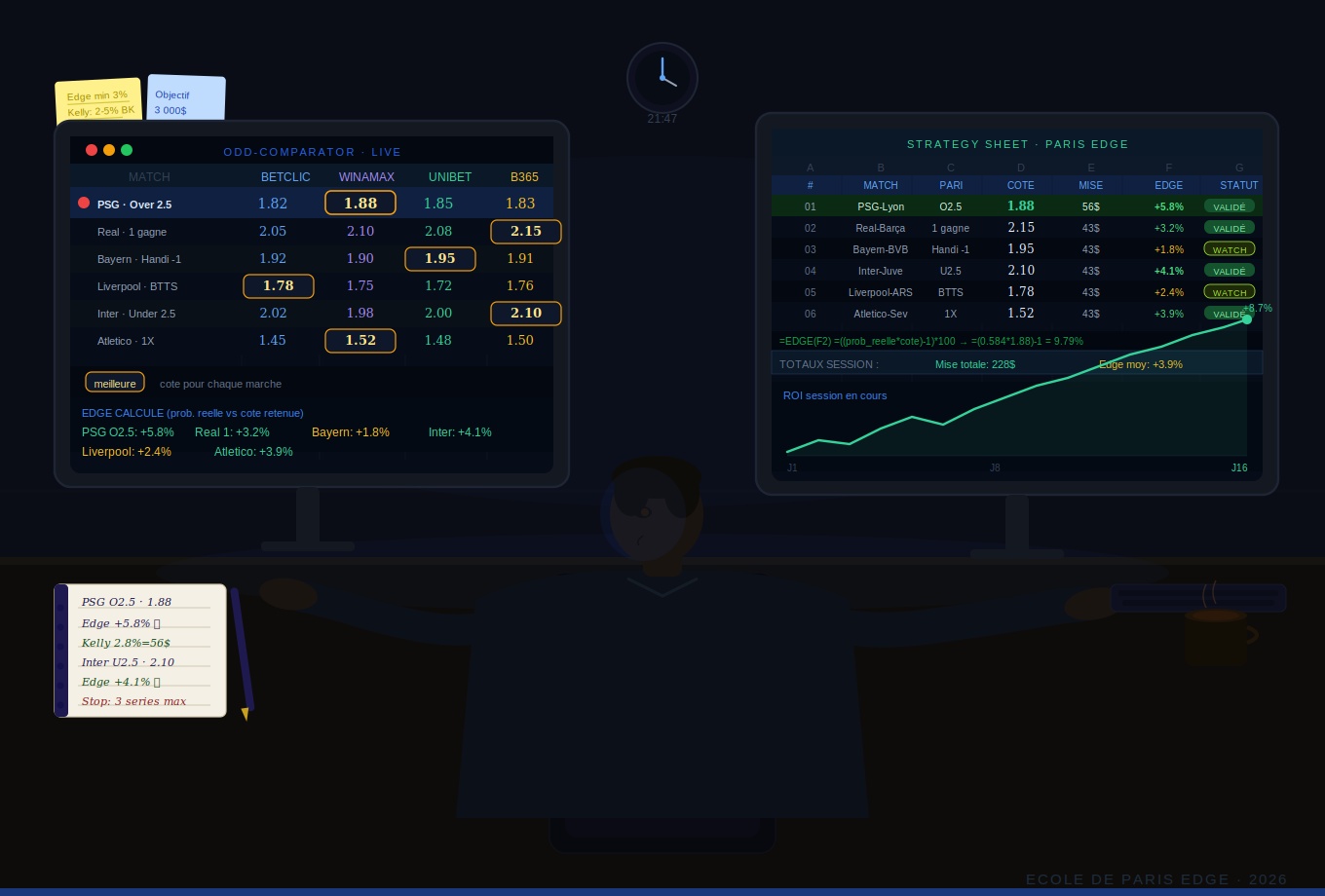 Parieur professionnel comparant les cotes de plusieurs bookmakers sur double écran avec feuille de calcul de stratégie ouverte