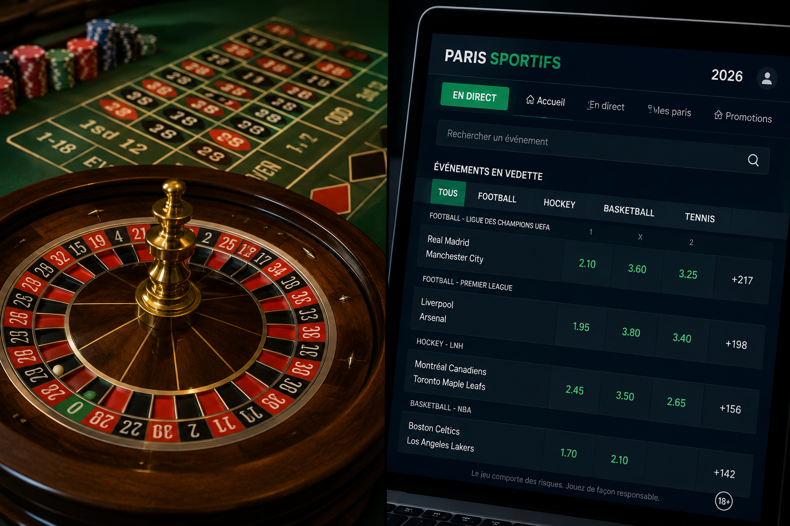 Comparaison visuelle entre une table de roulette de casino et un écran de paris sportifs affichant des cotes en 2026