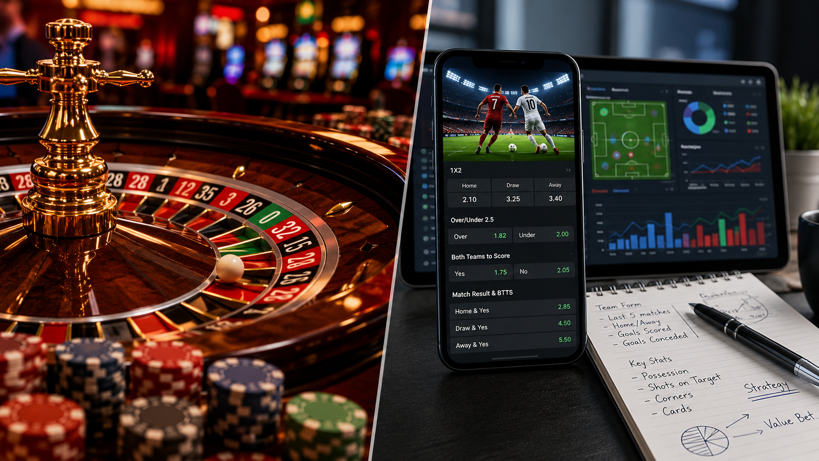 Visual comparison between a casino roulette wheel and a sports bet illustrating the difference between chance and skill