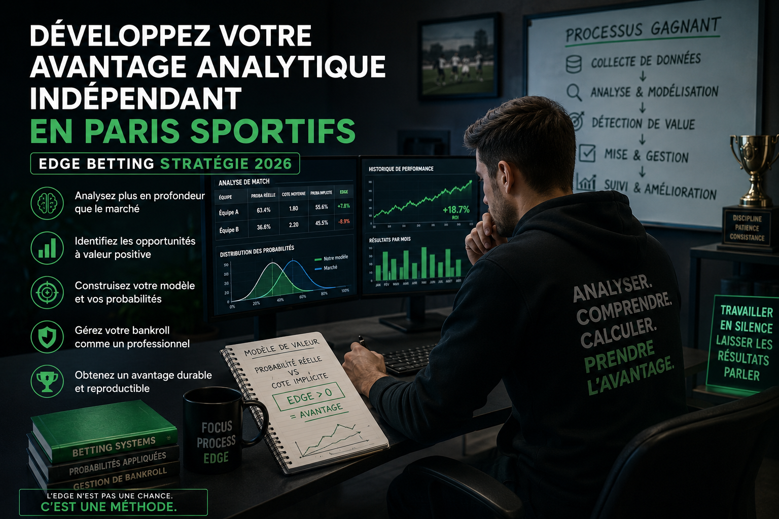 Parieur professionnel développant son avantage analytique indépendant en paris sportifs — edge betting stratégie 2026