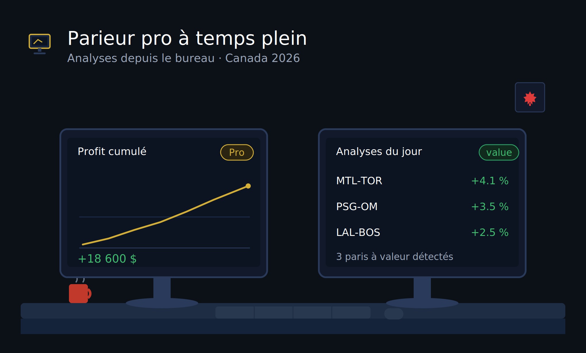 Parieur professionnel canadien travaillant à temps plein sur ses analyses de paris sportifs depuis son bureau en 2026