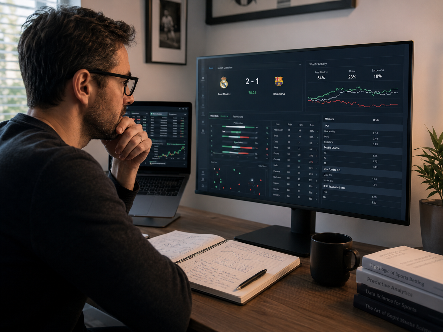 A bettor analyzes sports statistics on a screen to assess the value of a bet rather than relying on chance.