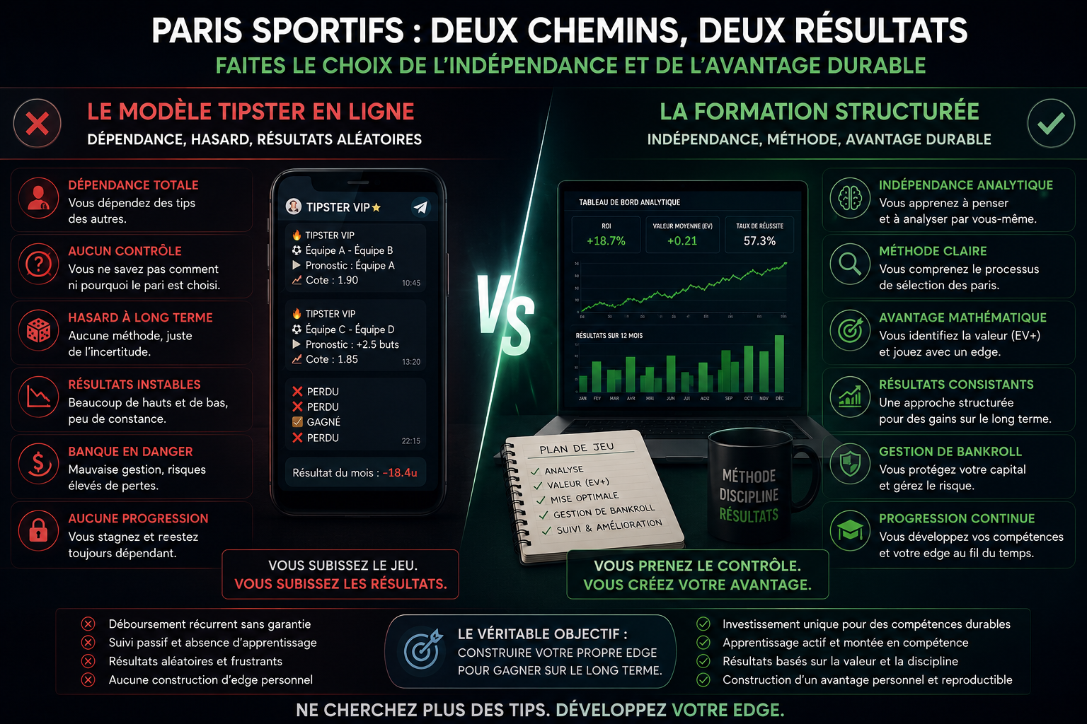 Comparaison visuelle entre le modèle tipster en ligne et la formation structurée en paris sportifs — indépendance analytique edge 2026