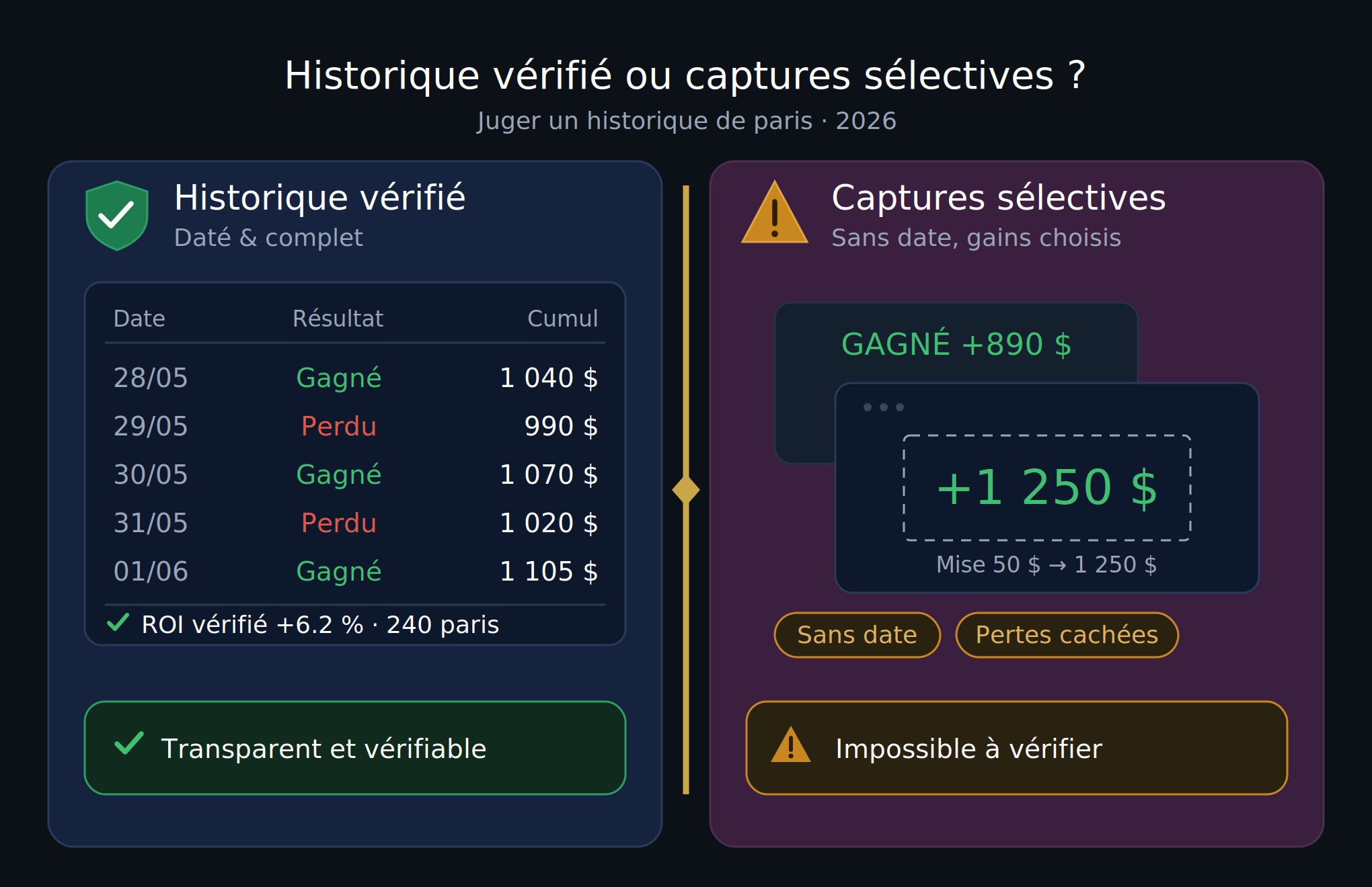 Historique de paris sportifs vérifié et daté opposé à des captures d'écran sélectives de gains en 2026